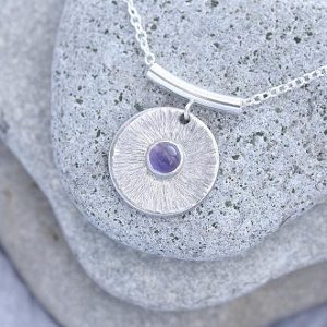 round disc Amethyst Pendant made in silver with hammered texture by iana Jewellery ips74