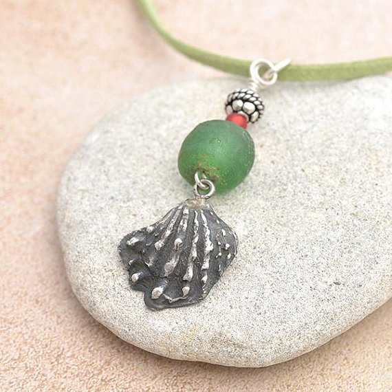 Silver Seashell Pendant with Green Glass Bead