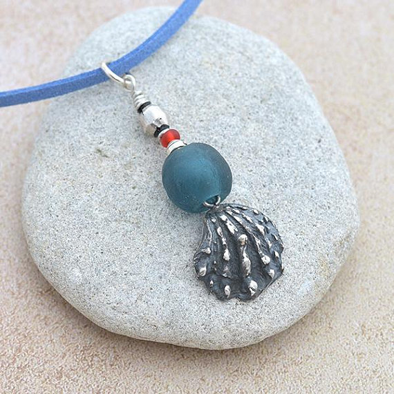 Silver Seashell Pendant with Blue Glass Bead