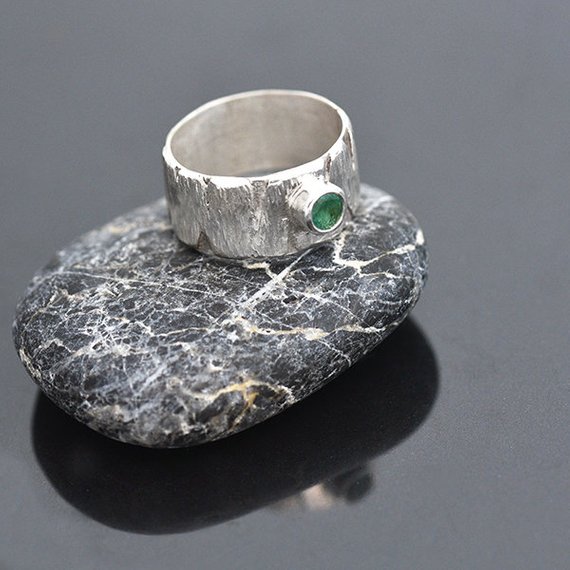 Wide Band Emerald Ring in Sterling Silver